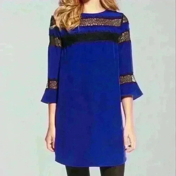 Rebecca Taylor Dresses & Skirts - Rebecca Taylor Blue 100% Silk Lace Trim 3/4 Relaxed Fit Shift Dress Sz.2 Goth